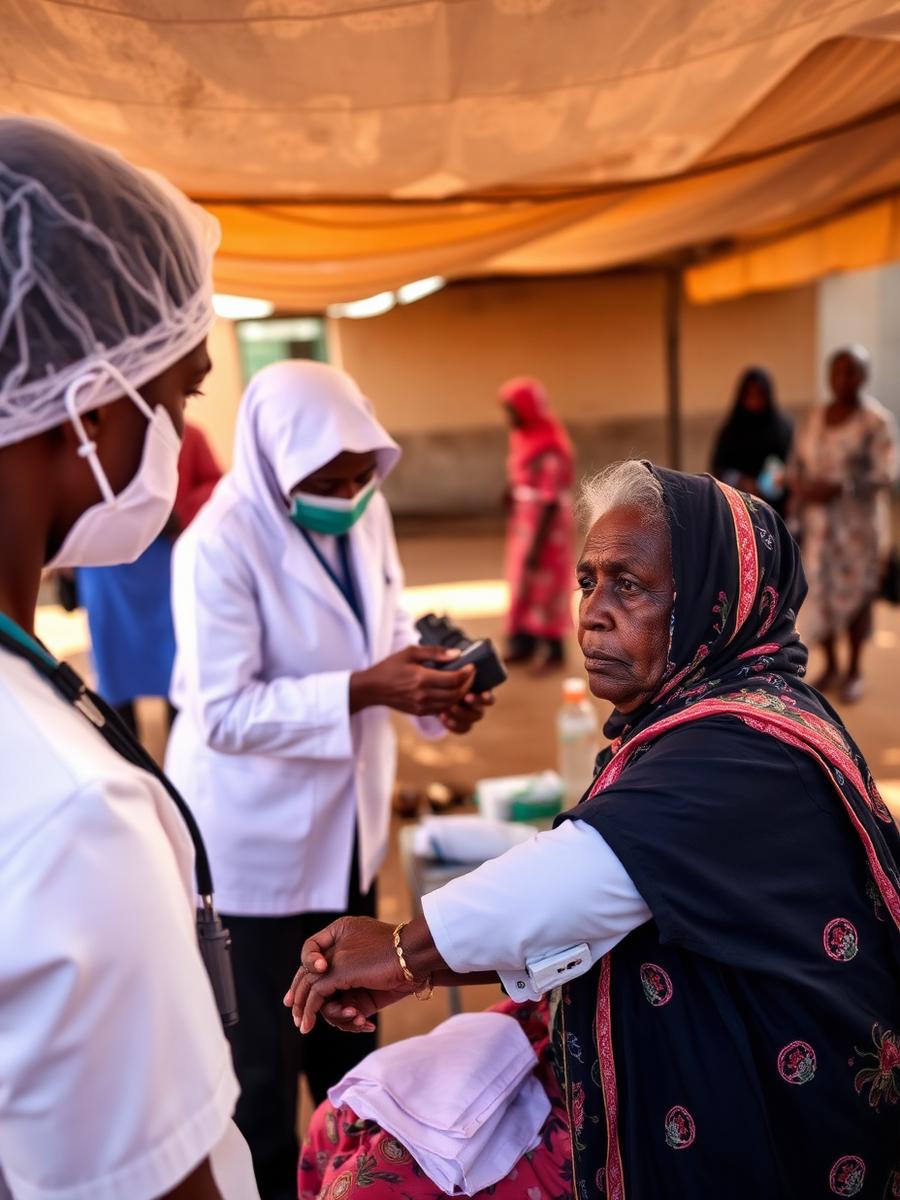 Nurse attending to an elderly woman at a free medical outreach