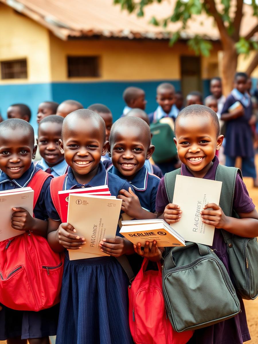 Children receiving school bags and books at a Back-to-School outreach