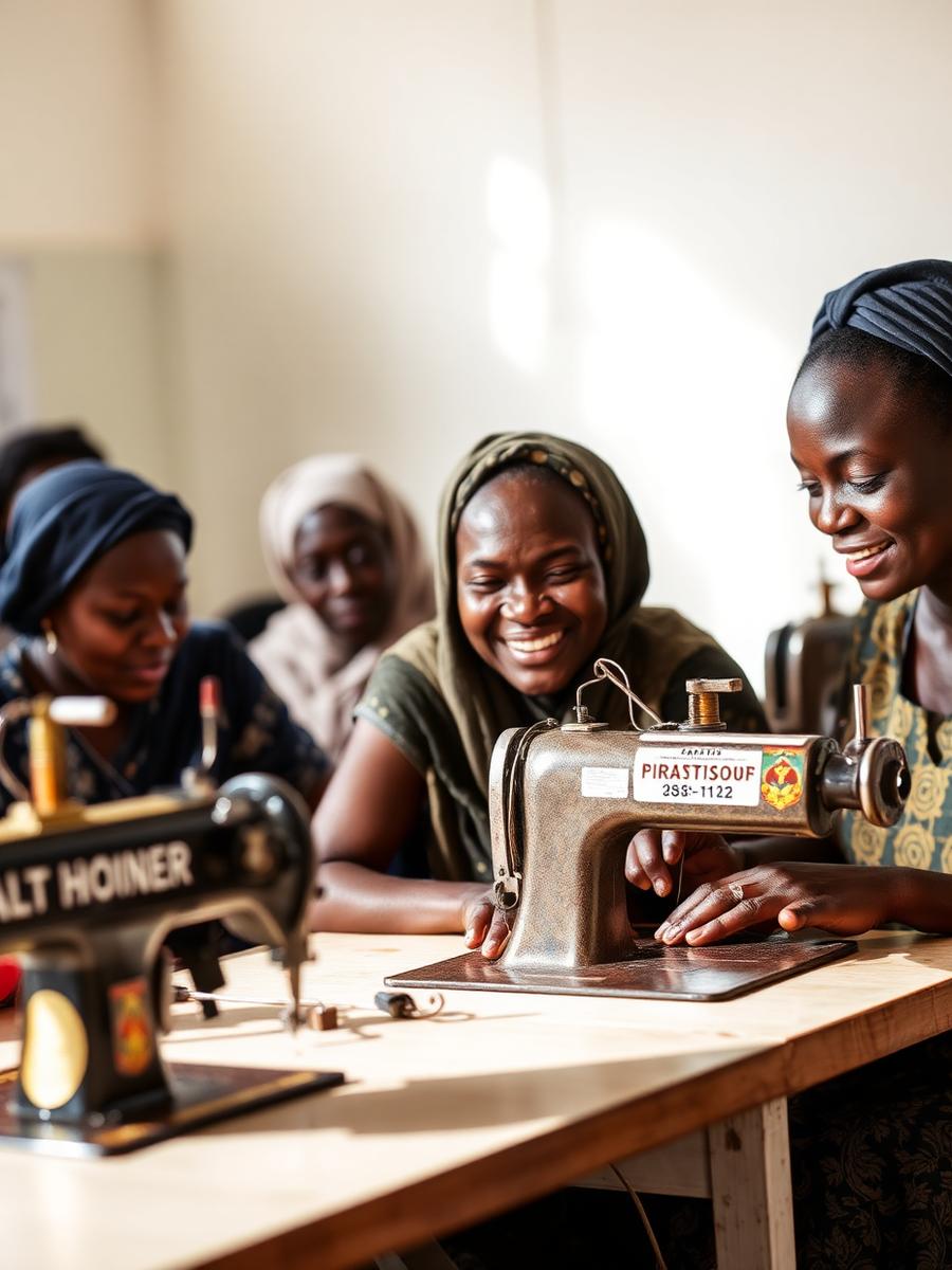 Women learning tailoring at a vocational training centre